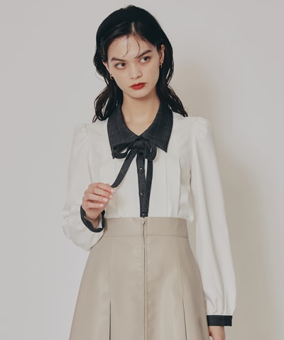 チェックバイカラーリボンタイブラウス