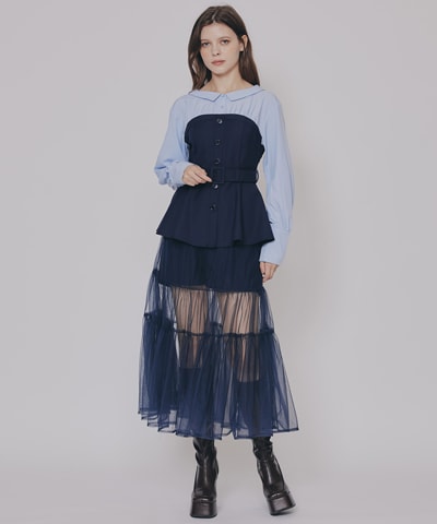 シャツドッキングチュールワンピース&ショートパンツセットアップ