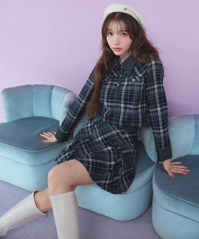 バイアスチェックショートブラウス×プリーツミニスカートセットアップ