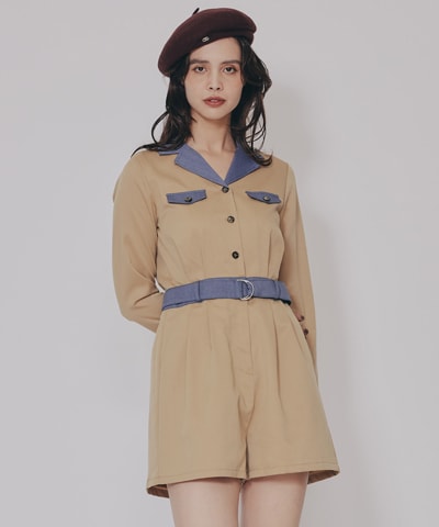 バイカラーベルトショートオールインワン