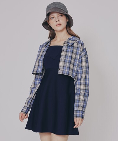 チェックショートシャツ×ニットミニワンピース