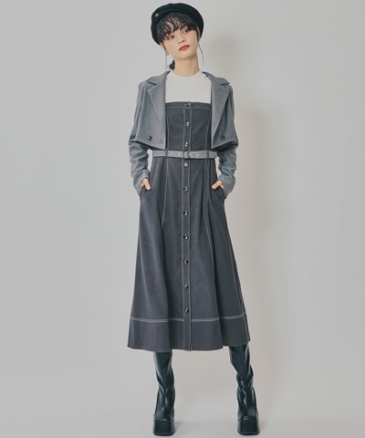 スエードライクショートジャケット×バイカラーワンピースセットアップ