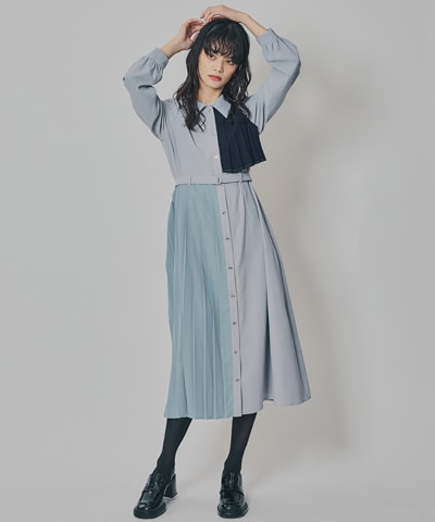 カラーブロックパネルアシメプリーツワンピース