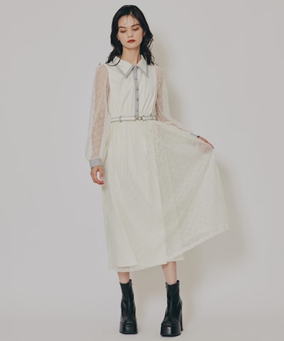 バイカラーレースプリーツロングスリーブワンピース