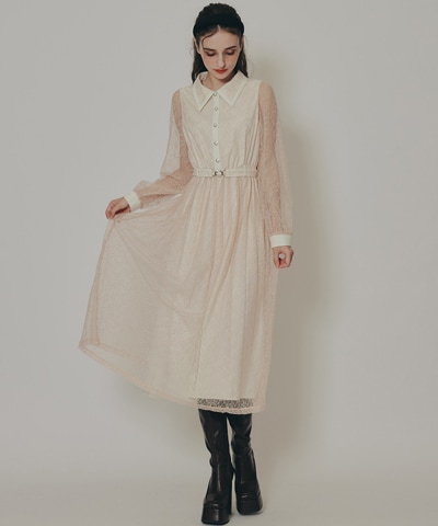 バイカラーレースプリーツロングスリーブワンピース