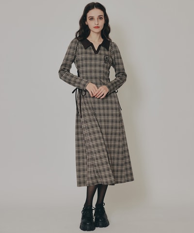 エンブレムサイドレースアップチェックワンピース