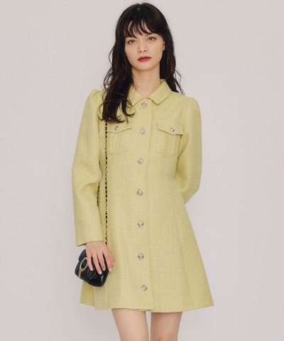 エンブレムボタンツイードシャツミニワンピース