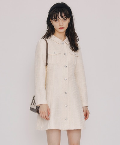 ビジューボタンファンシーツイードシャツミニワンピース