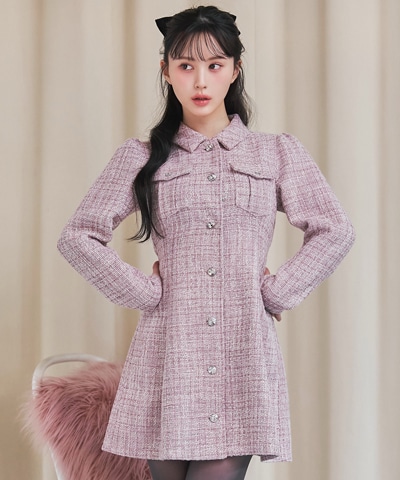 ビジューボタンファンシーツイードシャツミニワンピース