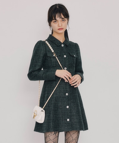 ビジューボタンファンシーツイードシャツミニワンピース