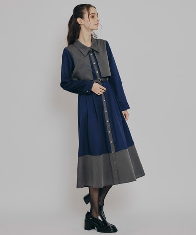 カラーブロッキングシャツロングフレアワンピース