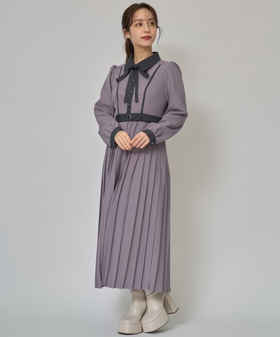 クラシカルバイカラーラインリボンタイプリーツロングワンピース