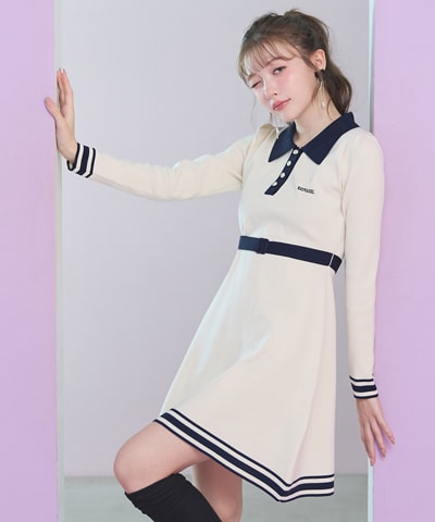 バイカラーポロニットミニワンピース