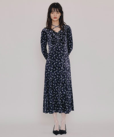 クロスリボンフラワーベロアロングワンピース