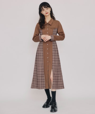 チェックパネルロングワンピース(S ブラウン): REDYAZEL｜公式