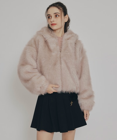 フォックスファーライクフーディショートジャケット(F ベージュ