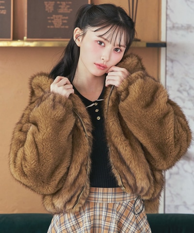 フォックスファーライクフーディショートジャケット