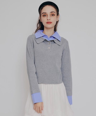 ダブルカラーポロニットトップス