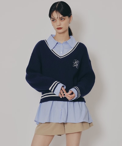 レイヤードシャツドッキングニットプルオーバー