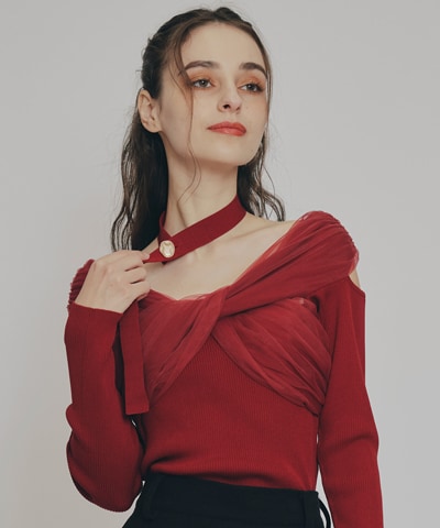 チョーカークロスチュールニットトップス