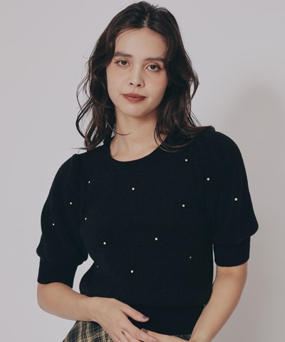 ビジューパフスリーブニットトップス