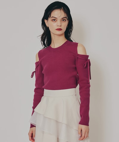 リボンオフショルダーニットトップス