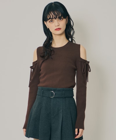 リボンオフショルダーニットトップス