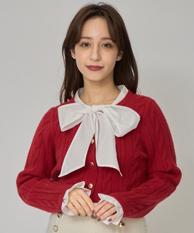 ボウタイケーブルニットプルオーバー