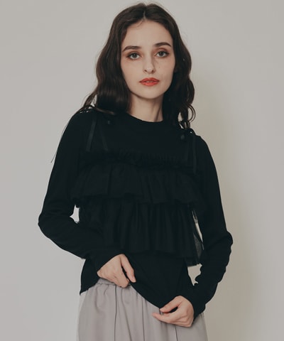 リボンチュールフリルビスチェニットトップス