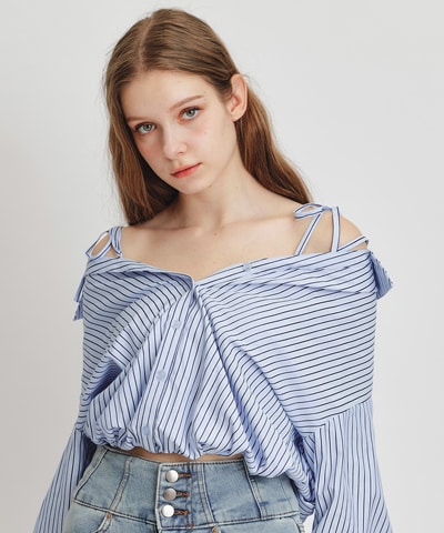 ベアレイヤードストライプバルーンオフショルブラウス