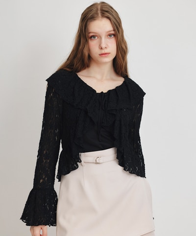 レースフリルカラーショートカーディガン