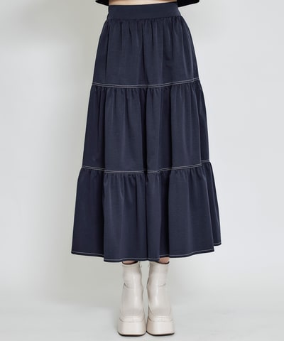 【セットアップ可能】バイカラーステッチティアードロングスカート
