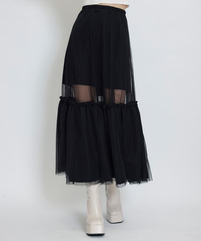 ボリュームシアーチュールフレアロングスカート