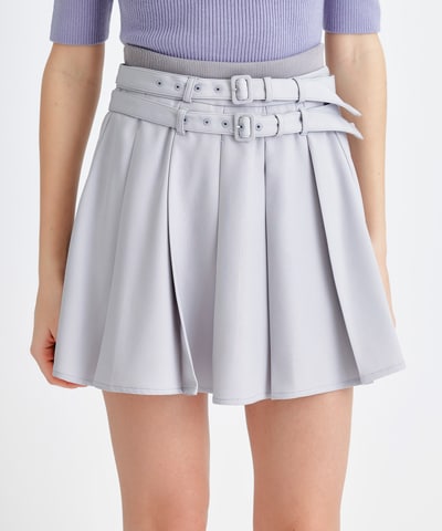 ウエストリブダブルベルトプリーツミニスカート