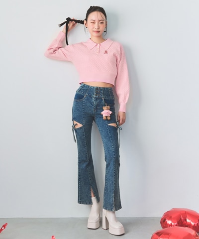 カットアウトリボンストレッチデニム