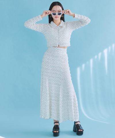 ミニフリルZIPブラウス×ミニフリルフレアロングスカートセットアップ