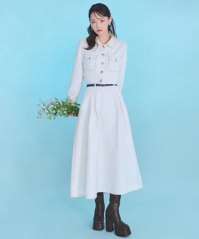 ダブルステッチツイードブラウス×フレアロングスカートセットアップ