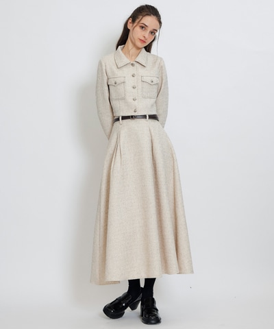 ダブルステッチツイードブラウス×フレアロングスカートセットアップ