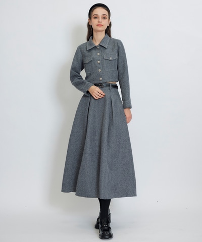 ダブルステッチツイードブラウス×フレアロングスカートセットアップ