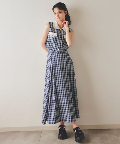 チェックノースリーブシャツ×フレアロングスカートセットアップ