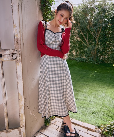 パイピングリボンキャミソールチェックフレアロングワンピース