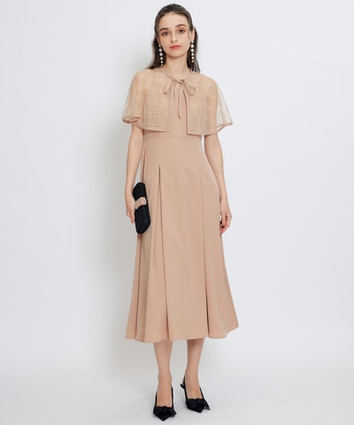 チェックシアーチュールケープ×キャミソールフレアロングドレス