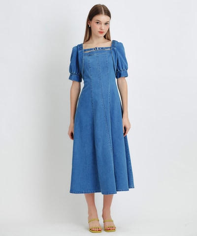 デコルテベルトデニムフレアロングワンピース