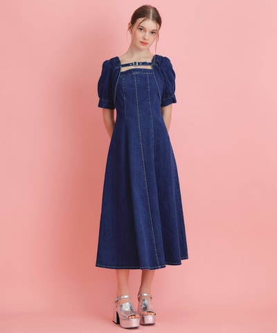 デコルテベルトデニムフレアロングワンピース