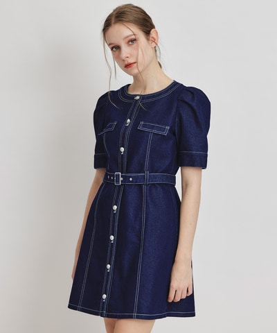 バイカラーステッチノーカラーデニムフレアミニワンピース