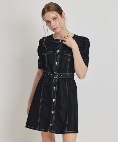 バイカラーステッチノーカラーデニムフレアミニワンピース