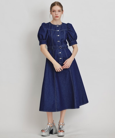 ノーカラーデニムパフフレアロングワンピース