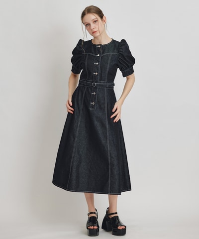 ノーカラーデニムパフフレアロングワンピース