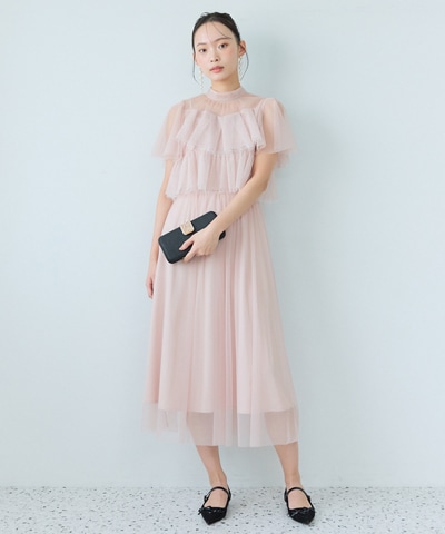 チュールレースティアードトップス×キャミソールフレアロングドレス