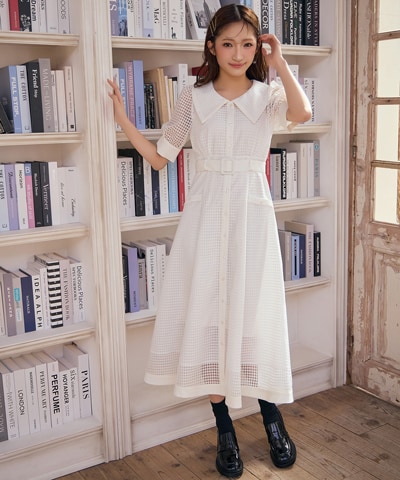 シアーチェックビッグカラーフレアロングワンピース